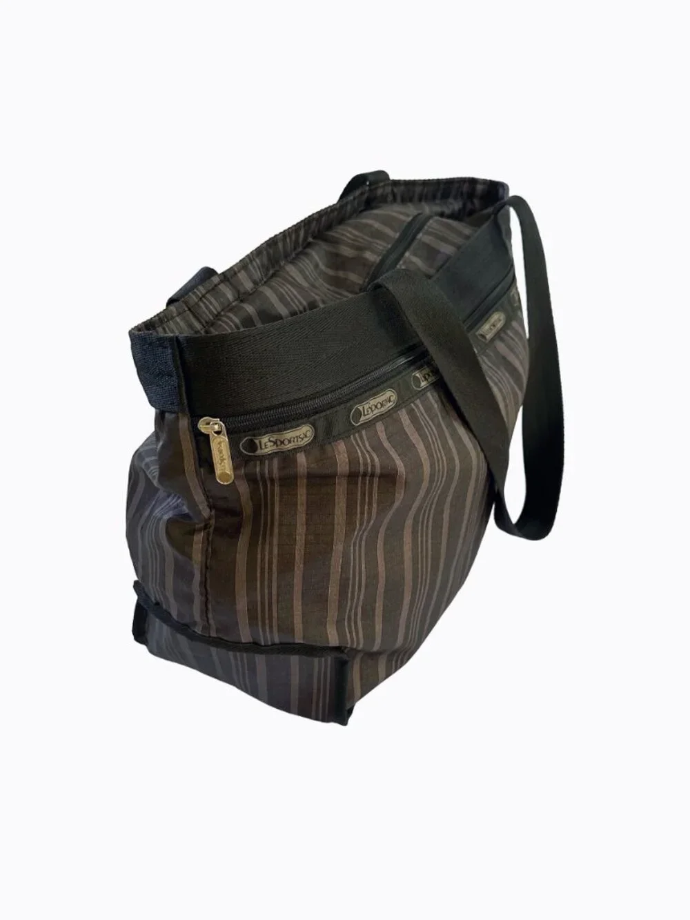Vtg 90s LeSportsac Brown Striped Nylon Ripstop Tote Bag Weekender Travel Utility
